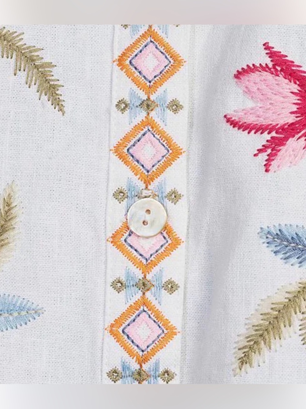 Linen Blend elbow sleeve button front embroidered blouse petite Mediim - Picture 4 of 8